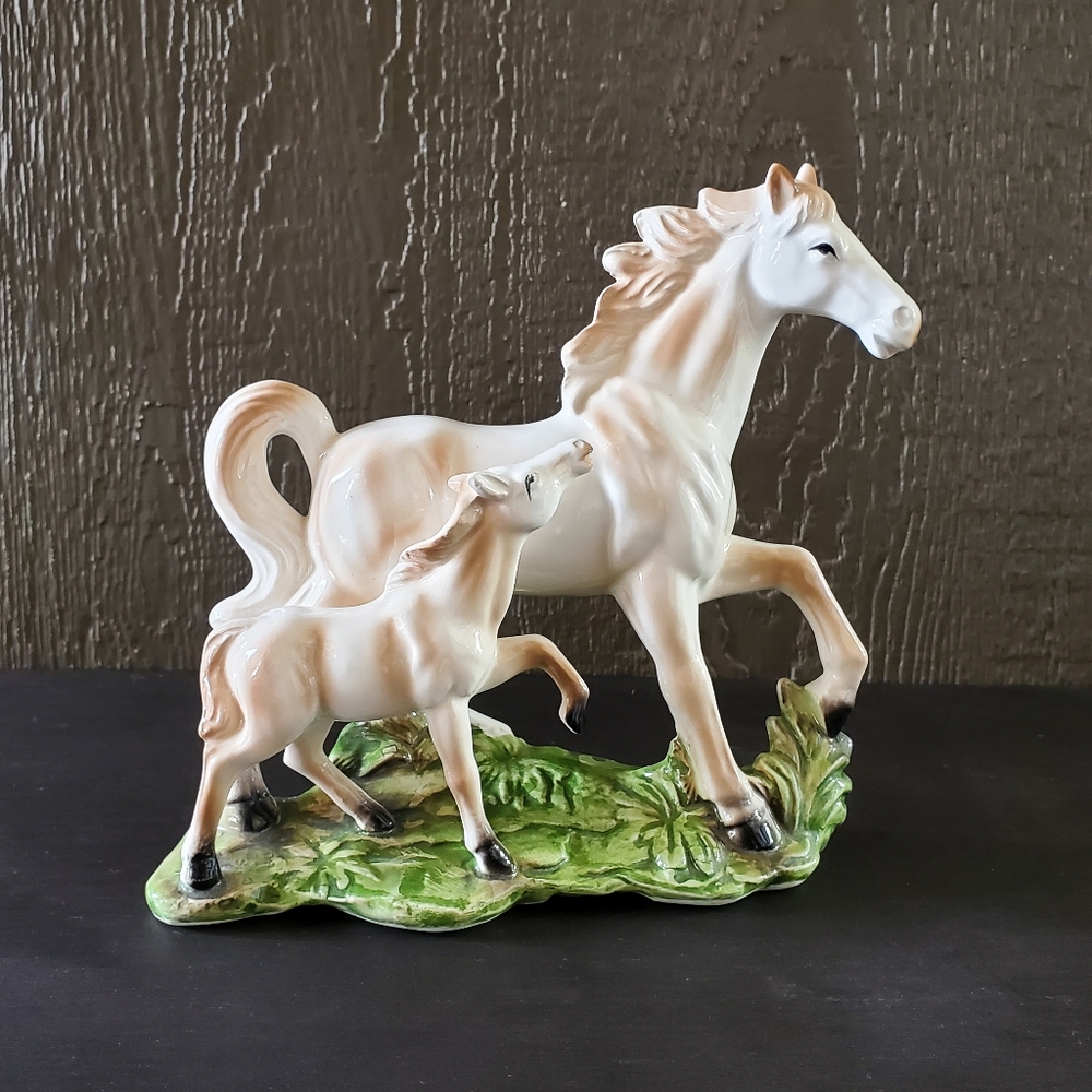 Vintage 8" Mid Century Hand Painted Horse Mare Foal Ceramic Figurine Ornament